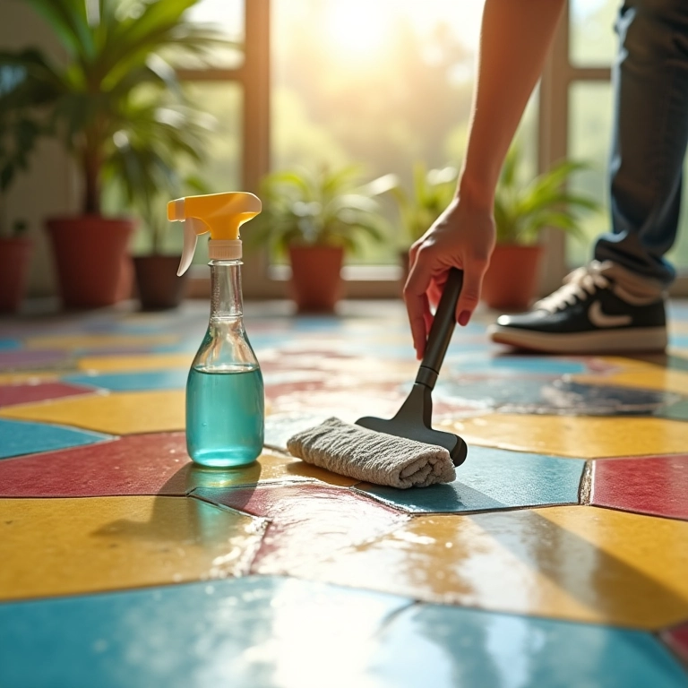 Mão limpando xixi no chão com produtos de limpeza.
