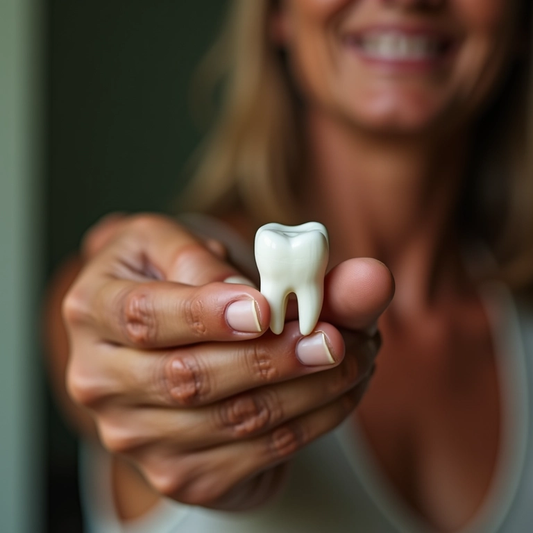Mão segurando dente podre