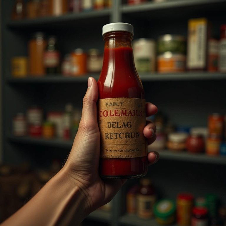 Mão segurando frasco de ketchup vencido ou estragado, representando sonho com algo ruim.