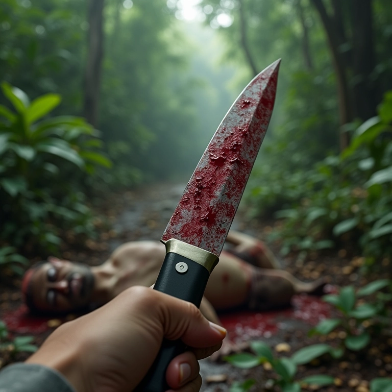 Mão segurando machete ensanguentada com zumbi morto e bilhete premiado.