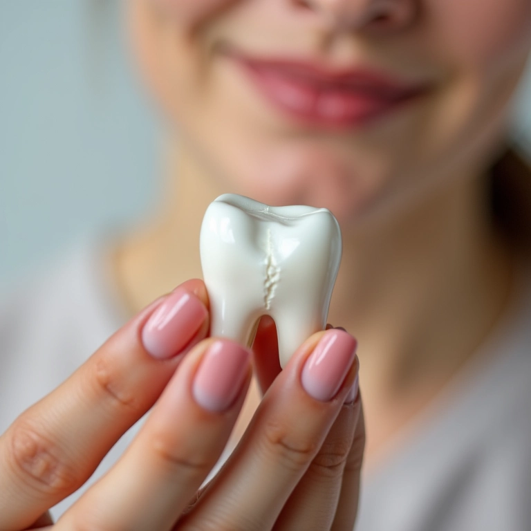 Mão segurando um dente quebrado após um sonho.