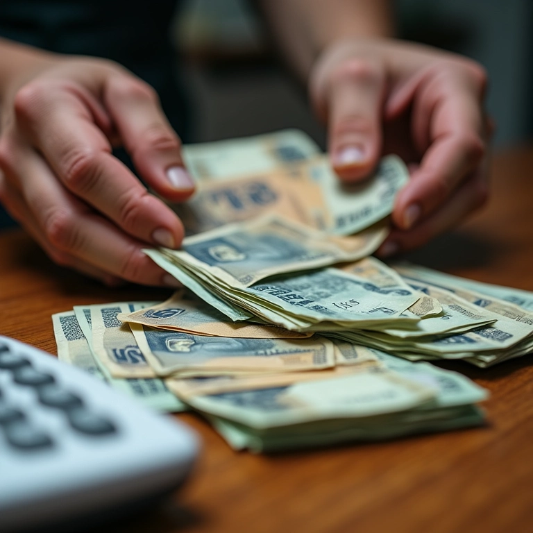 Mãos contando notas de Real em mesa de madeira.