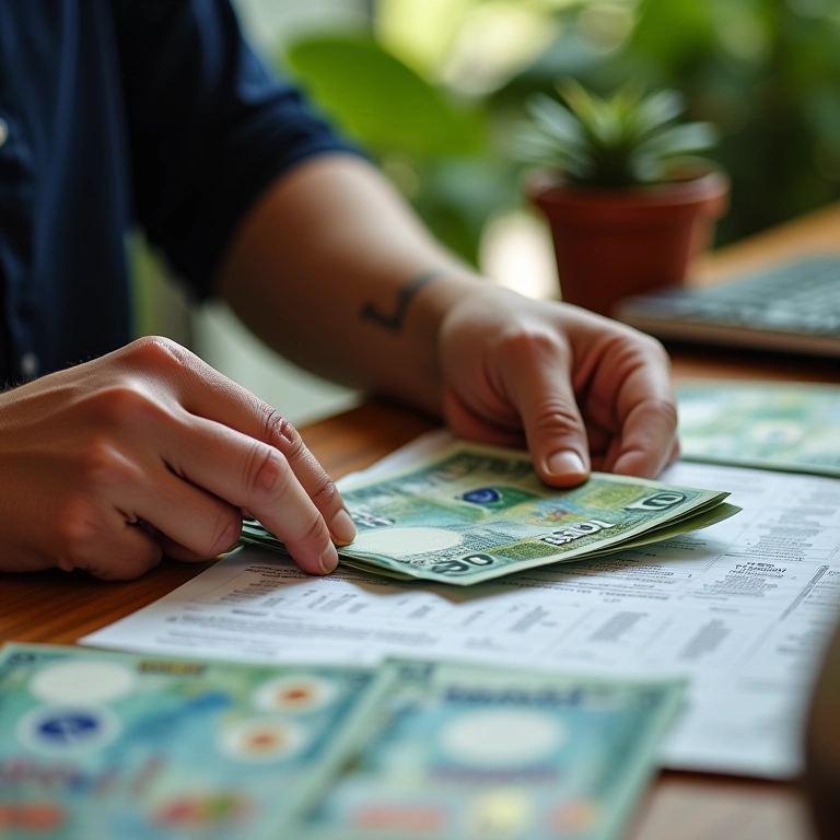 Mãos contando notas de Real em uma mesa, representando planejamento financeiro.