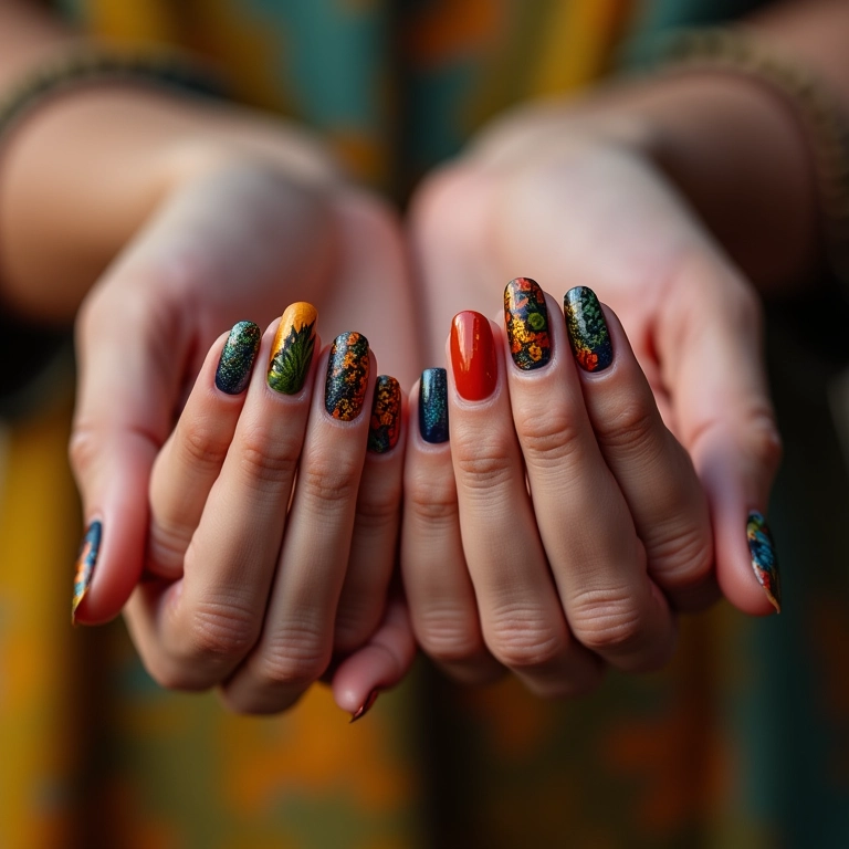 Mãos diversas com unhas decoradas em estilo brasileiro vibrante, representando sonhos e interpretações.