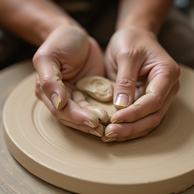 Mãos moldando barro limpo em estúdio de cerâmica vibrante.
