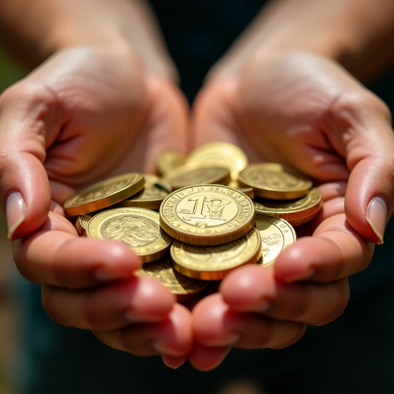Mãos segurando moedas brasileiras brilhantes, representando sonhos financeiros.