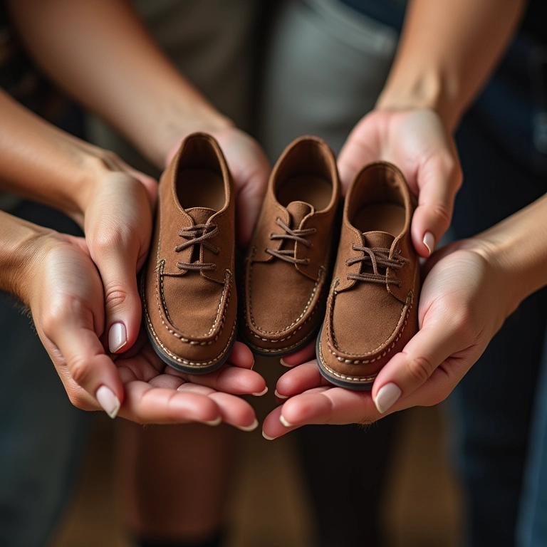 Mãos segurando sapatos diversos, representando sonhos e caminhos da vida.
