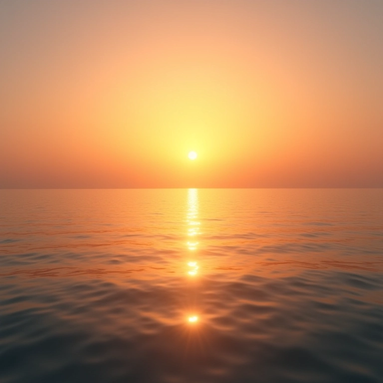 Mar calmo ao pôr do sol, refletindo luz dourada.