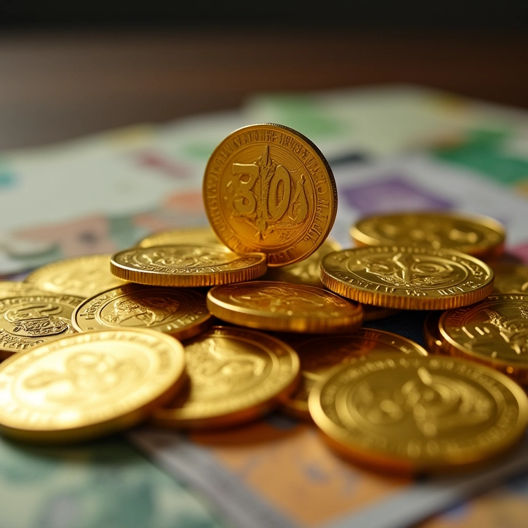 Moedas de ouro empilhadas com nota de real ao redor.