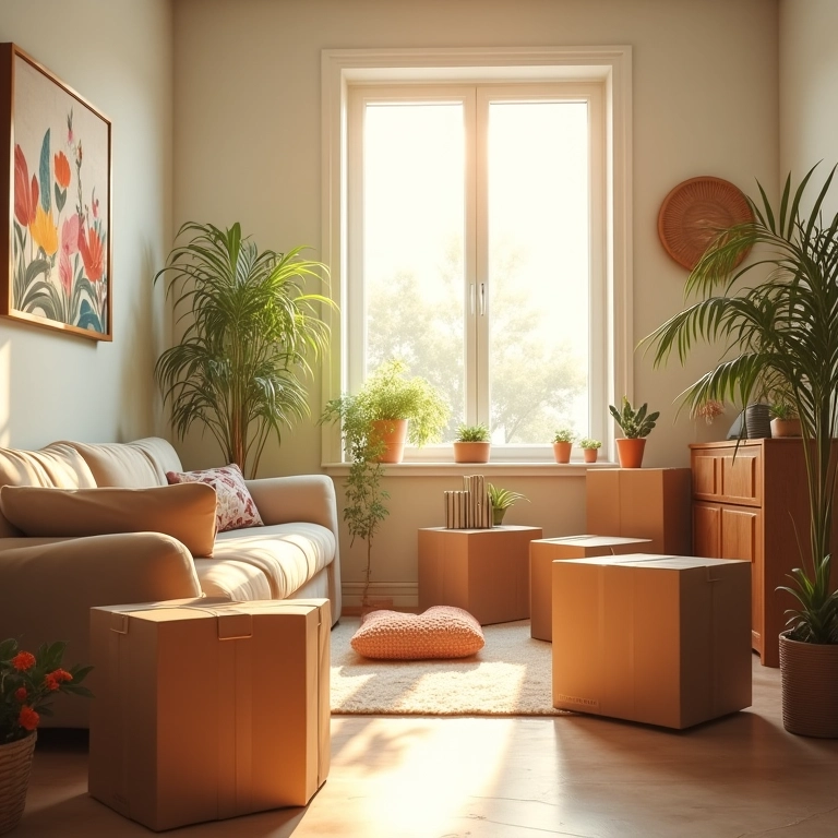 Mudança de casa: caixas e decoração colorida em sala de estar.