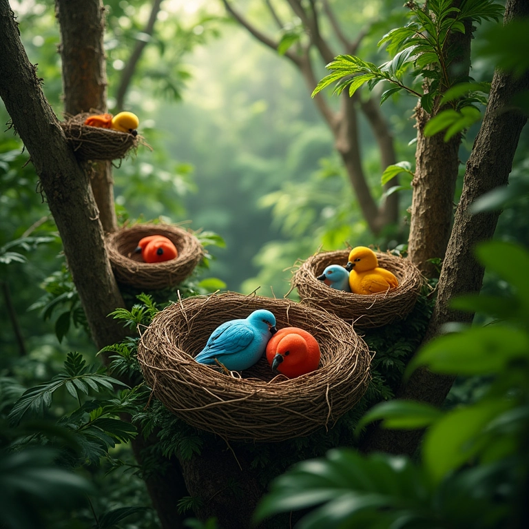 Muitos ninhos de passarinho em uma floresta tropical exuberante.