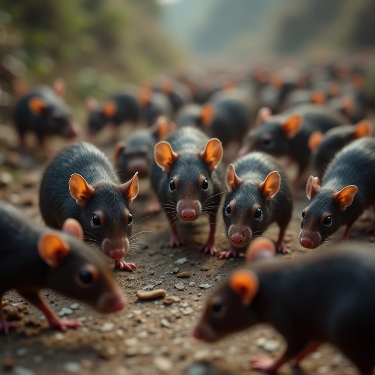 Muitos ratos correndo em cena caótica, simbolizando sobrecarga de problemas.