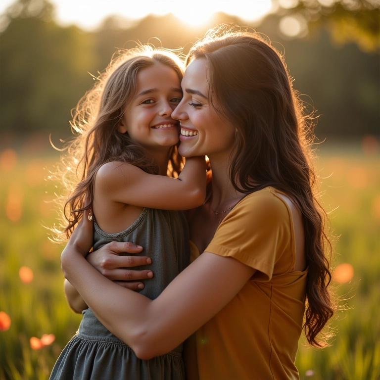 Mulher abraça amiga falecida sorrindo em um sonho vívido.