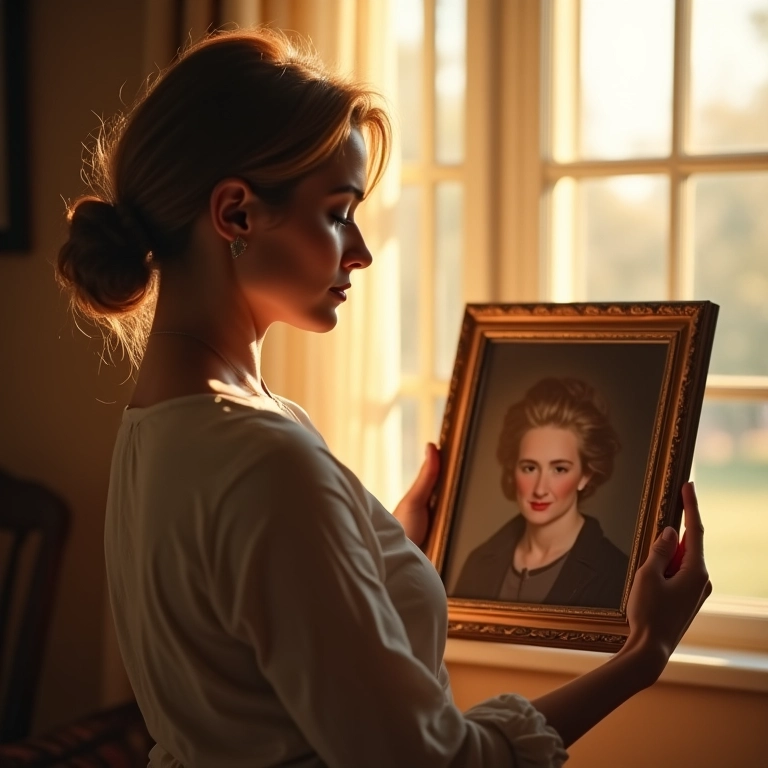 Mulher abraçando retrato de ente querido falecido.