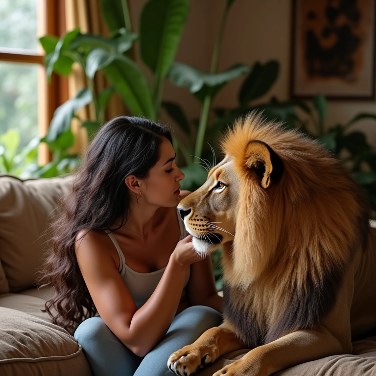 Mulher acariciando leão manso em sala decorada.