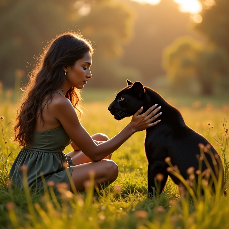 Mulher acariciando onça preta mansa em sonho.