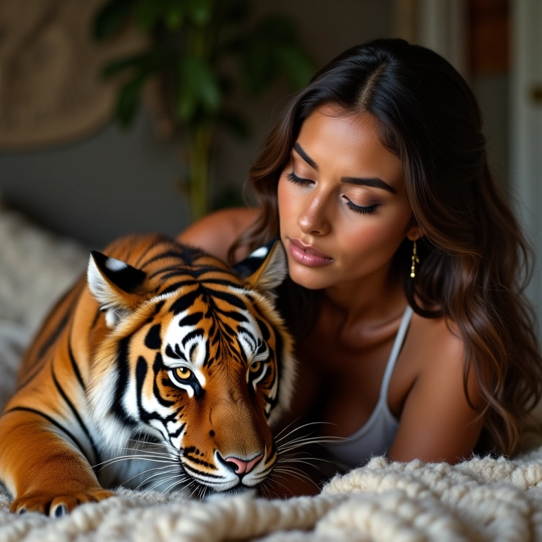 Mulher acariciando um tigre manso em um quarto com decoração brasileira.