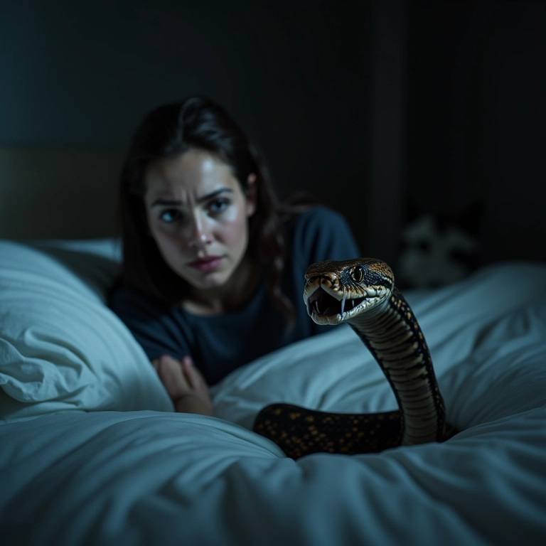 Mulher acorda assustada com cobra prestes a atacar em sonho.
