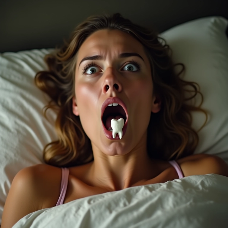 Mulher acorda assustada com dente quebrado caindo da boca.