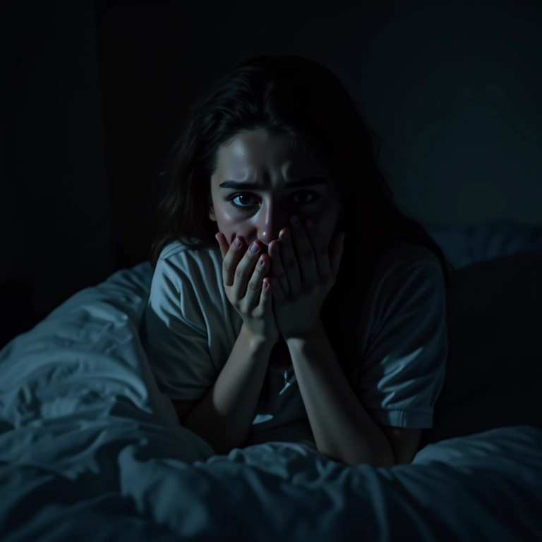 Mulher acorda assustada com pesadelo sobre assalto, expressando medo e ansiedade.