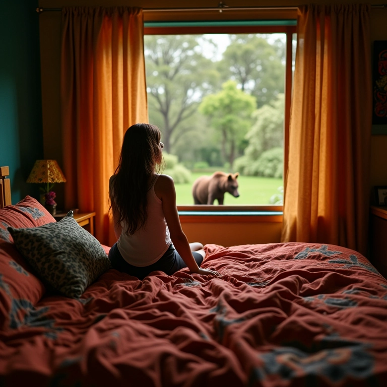 Mulher acorda assustada com sombra de urso marrom na janela, refletindo o significado de sonhar com urso.