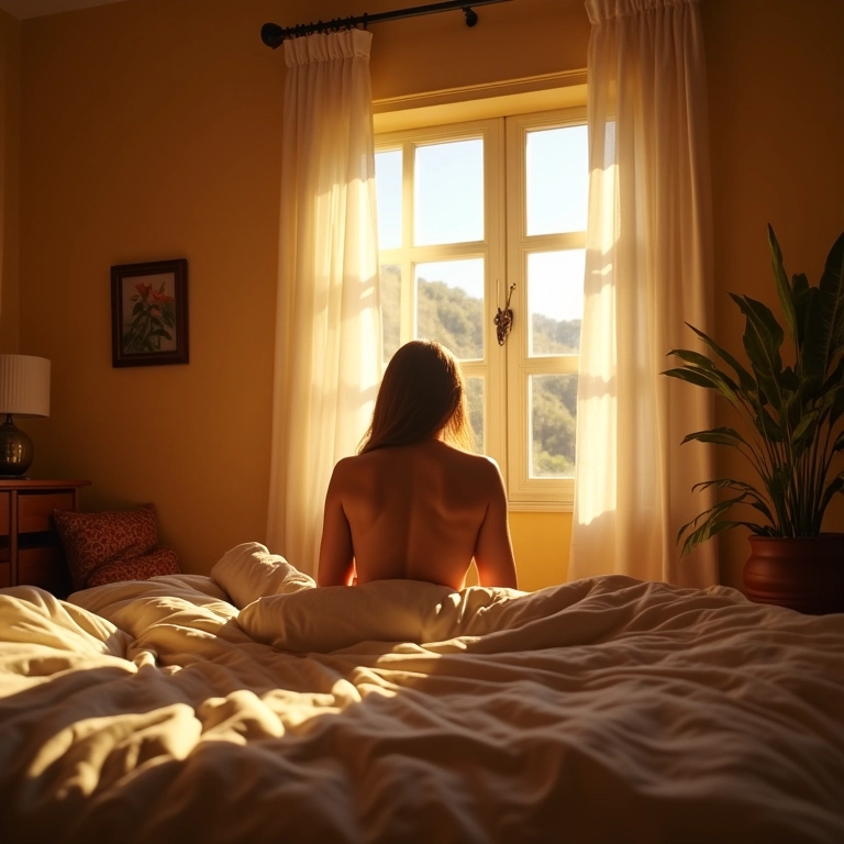 Mulher acordando pensativa após sonhar, quarto com decoração brasileira vibrante.