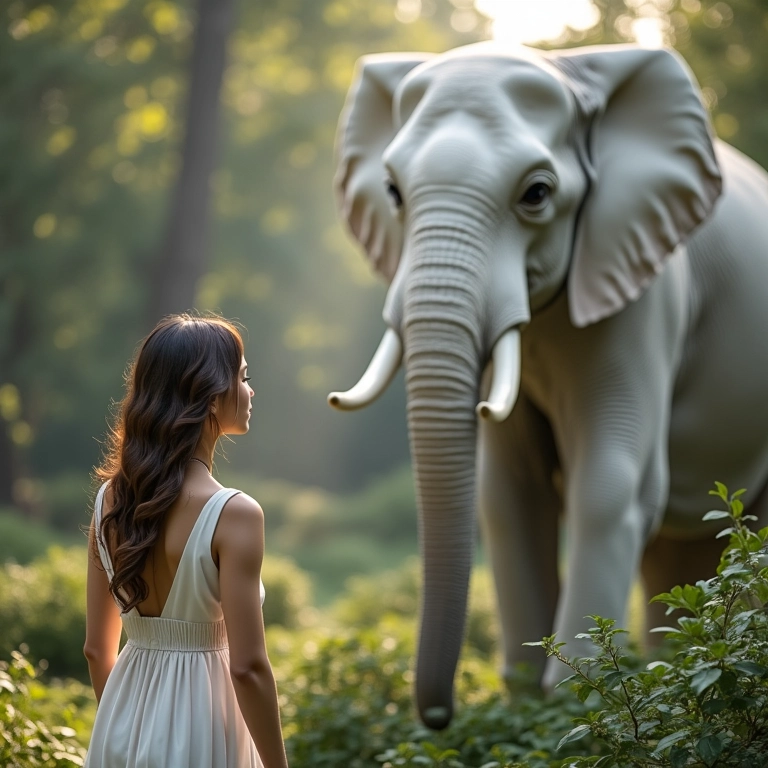 Mulher admirando elefante branco em jardim tranquilo.