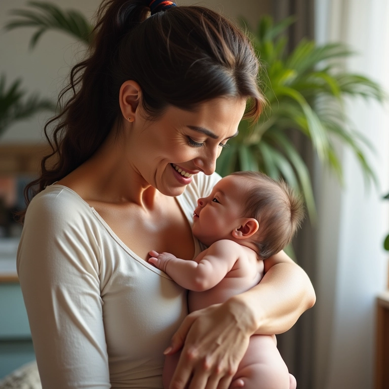 Mulher amamentando bebê com carinho em lar brasileiro.