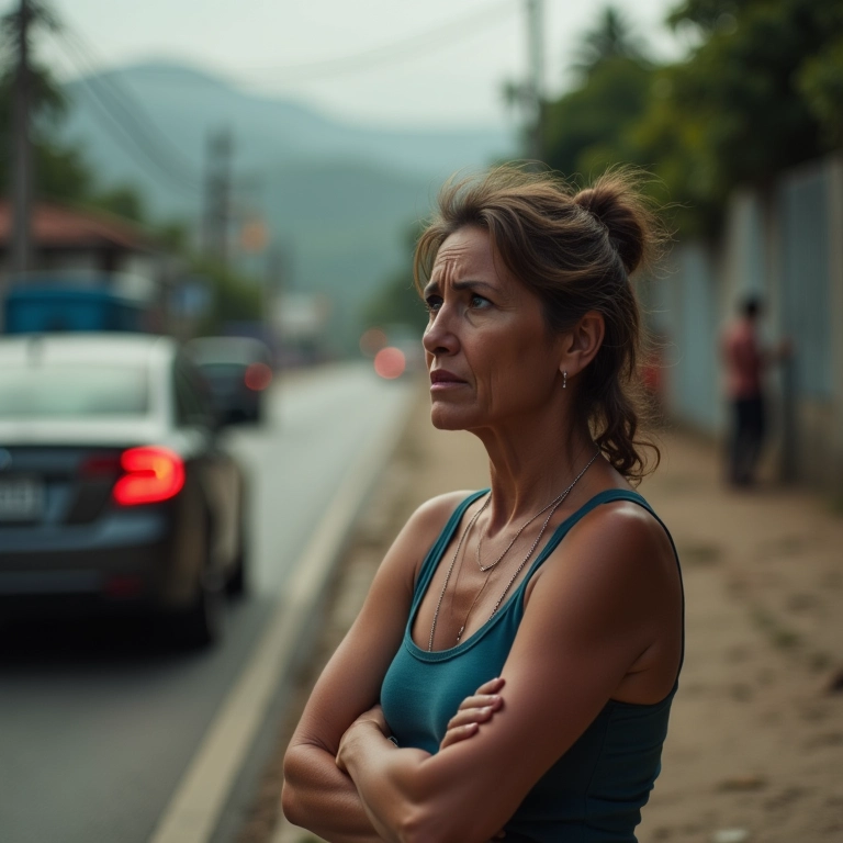 Mulher angustiada perto de uma rua movimentada, pensando em acidente.