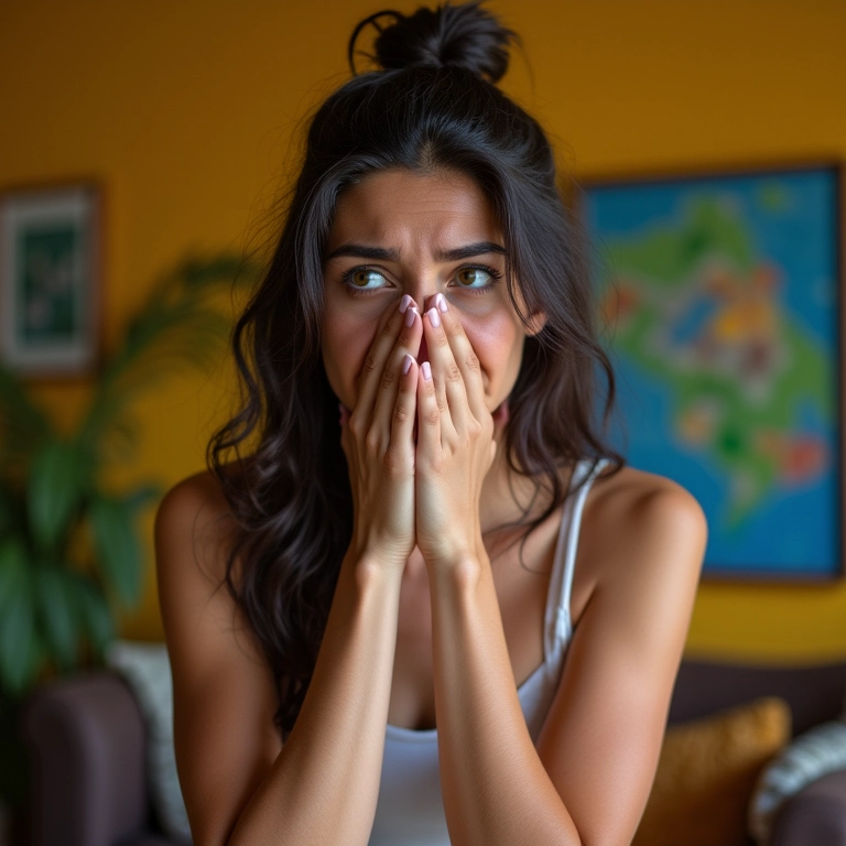 Mulher ansiosa cobrindo a boca, dificuldade de comunicação. Sonho com dentes.