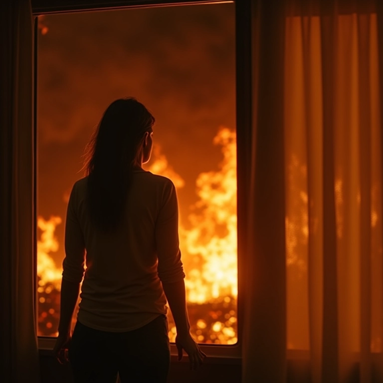 Mulher apavorada vendo sua casa em chamas em sonho.