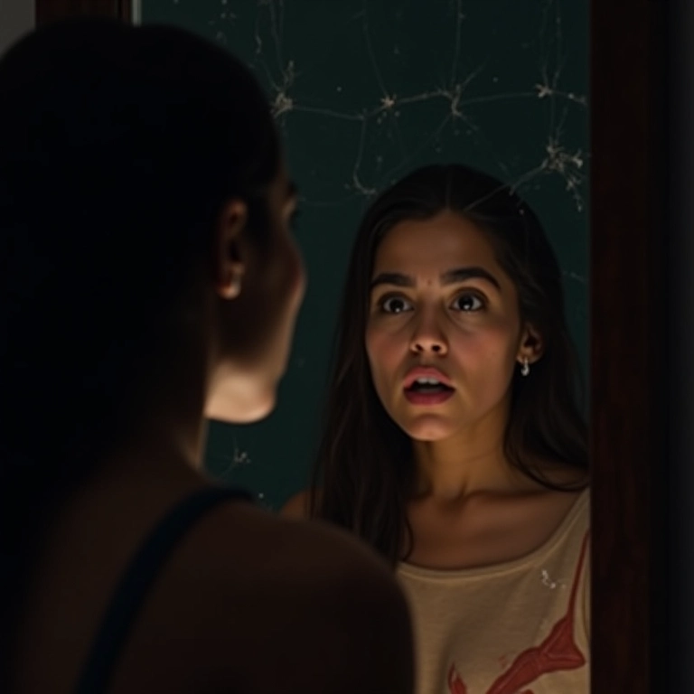 Mulher apreensiva olhando para espelho rachado.