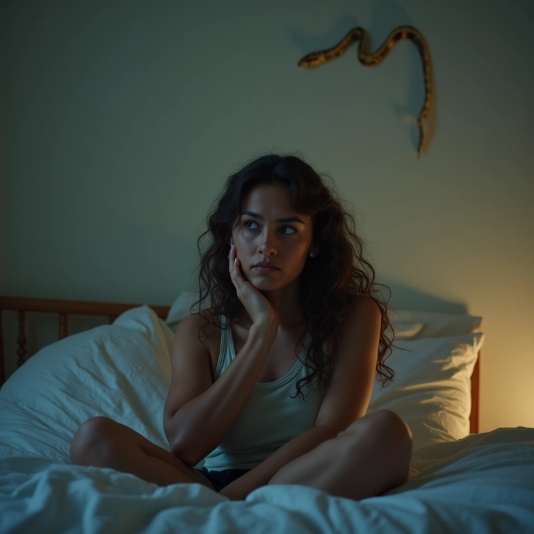 Mulher apreensiva sentada na cama, com sombra de cobra na parede.