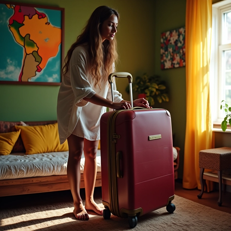 Mulher arrumando mala em quarto vibrante, turbilhão emocional.
