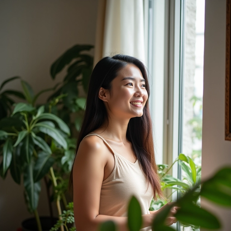 Mulher asiática sorrindo em apartamento ensolarado, representando a superação e o futuro.
