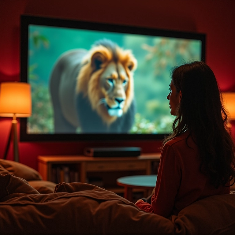 Mulher assiste filme com leão e reflete sobre sonhos.