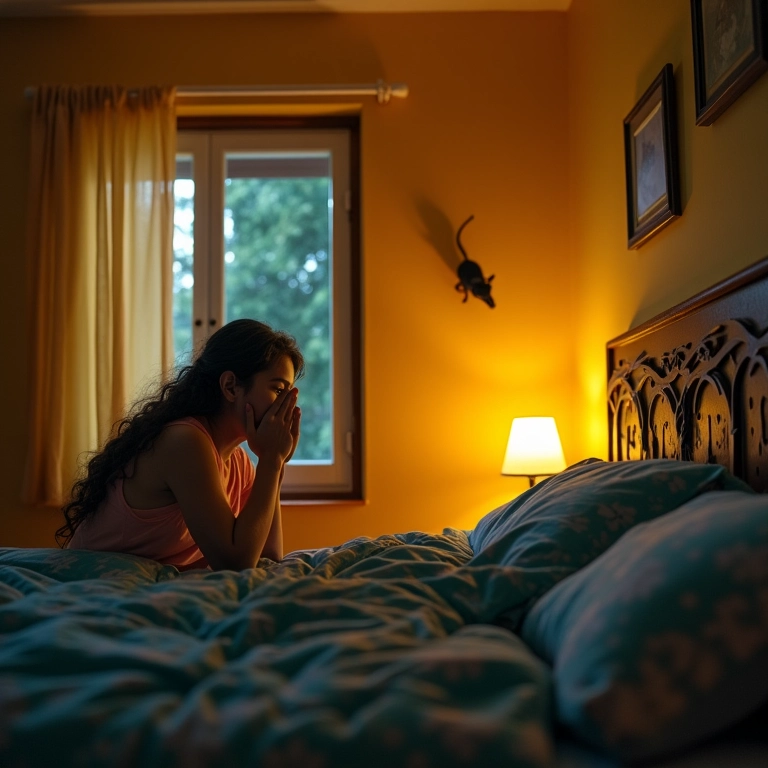 Mulher assustada acorda de um pesadelo com um rato, interpretando o significado do sonho.