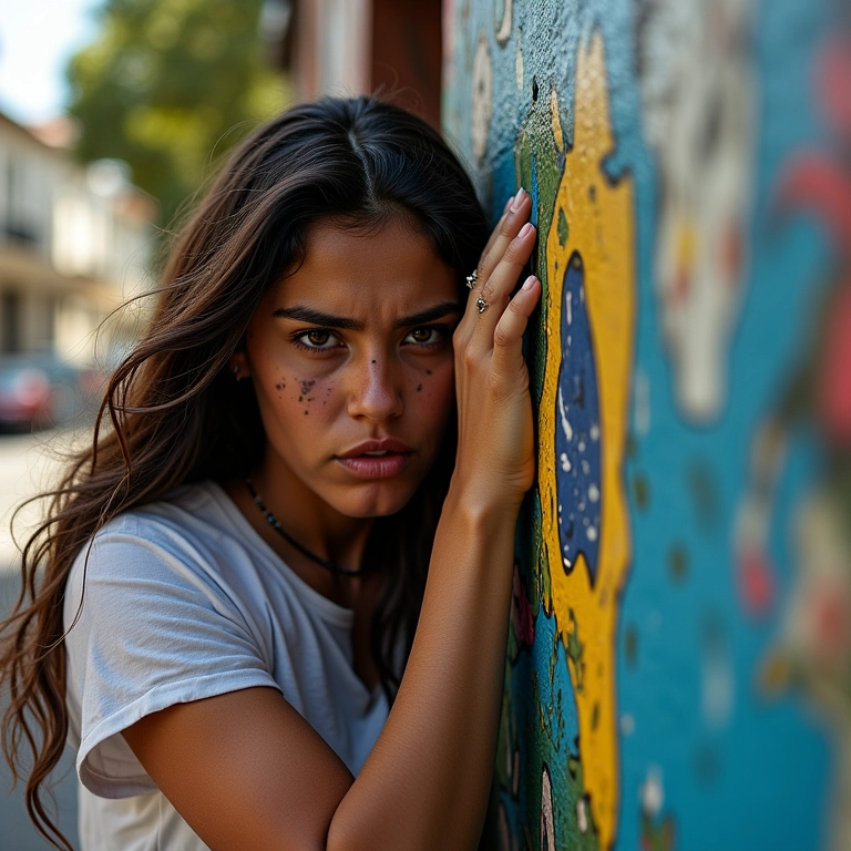 Mulher assustada buscando refúgio durante tiroteio em sonho.