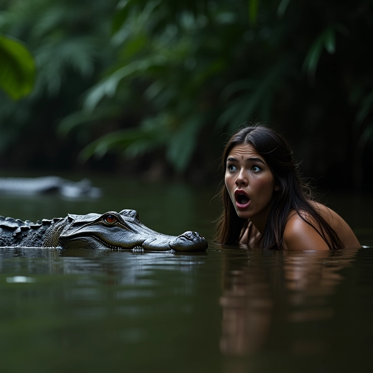 Mulher assustada com aproximação de jacaré.
