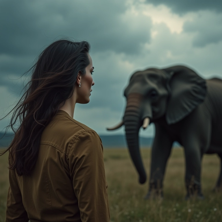 Mulher assustada com elefante bravo em sonho.