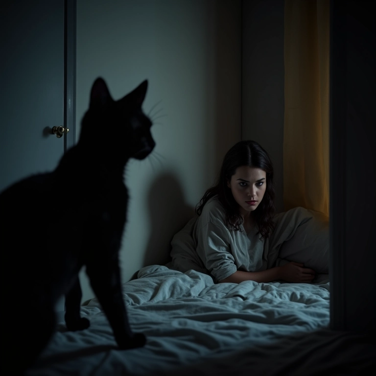 Mulher assustada com gato preto pulando em sua direção no quarto.