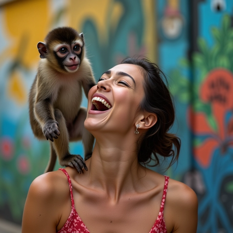 Mulher assustada com macaco pulando em seu ombro.
