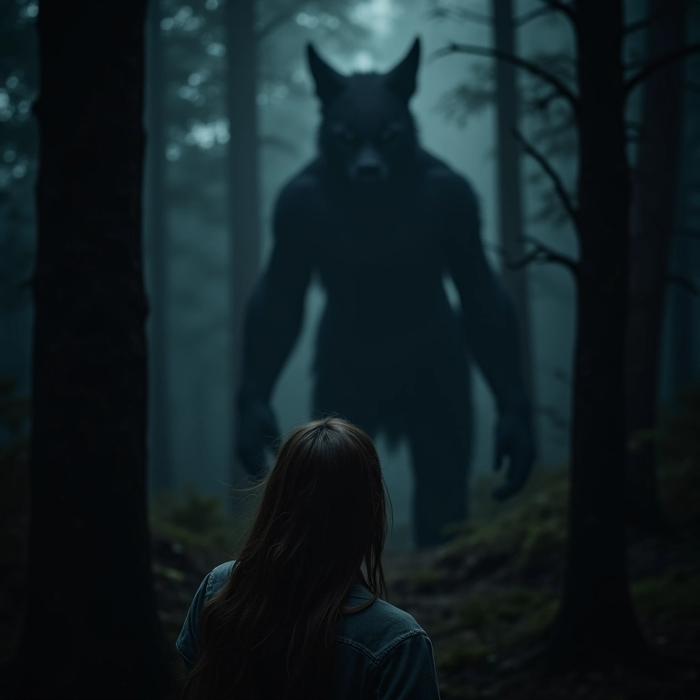 Mulher assustada em floresta escura com a sombra de um yeti ameaçador, simbolizando medos paralisantes.