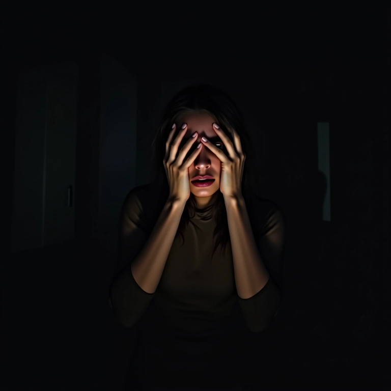Mulher assustada em quarto escuro, mãos no rosto, expressando medo e incerteza.