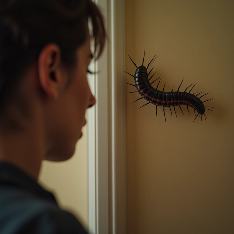 Mulher assustada olhando para uma lacraia na parede, simbolizando medos.