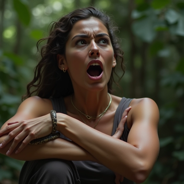 Mulher assustada reage a picada de cobra no braço, fundo de floresta brasileira.