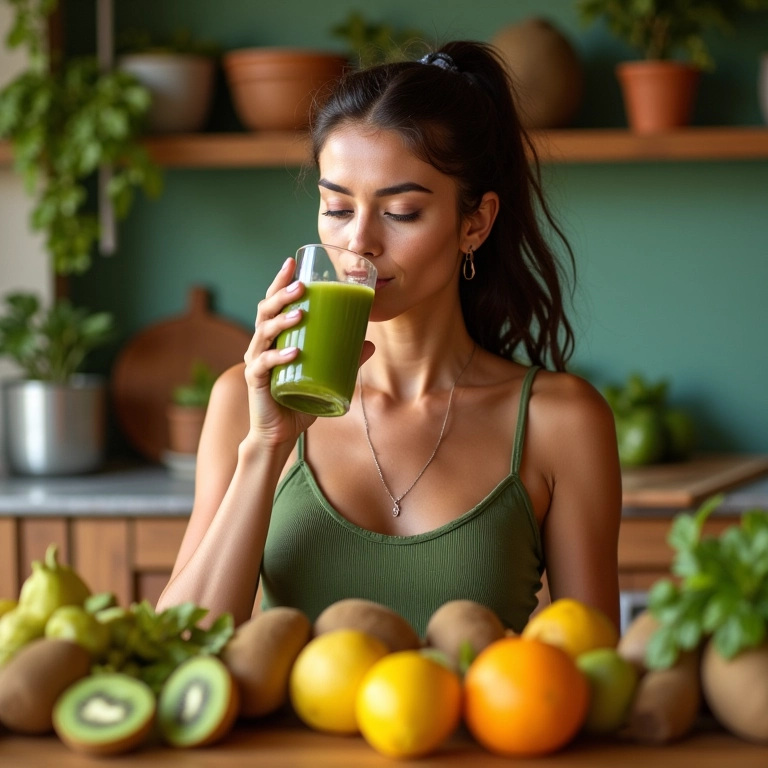 Mulher bebendo suco de kiwi em cozinha brasileira.