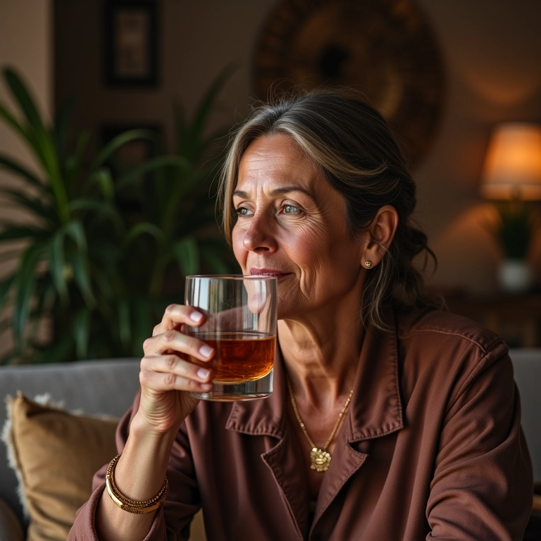 Mulher bebendo whisky em casa decorada