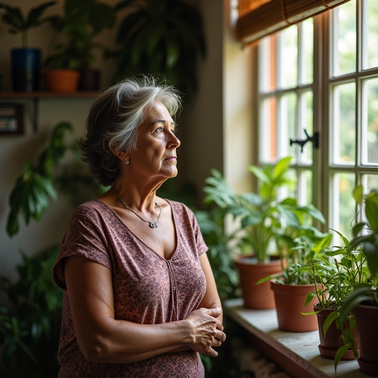 Mulher branca de meia-idade refletindo em casa aconchegante, pensando em assuntos pendentes.