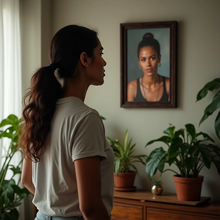 Mulher brasileira olhando foto da mãe com determinação, simbolizando libertação.